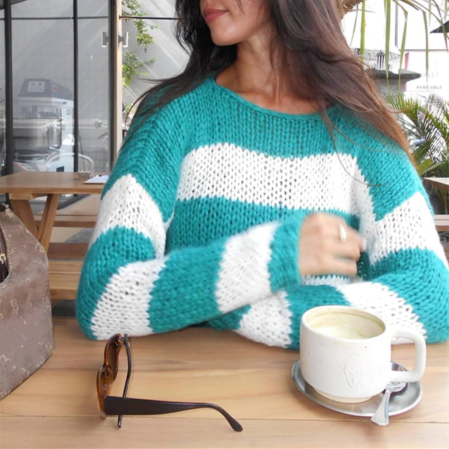 Women's Knit Striped Sweater Oversized Color Clock Long Sleeve Crewneck Pullover Jumpers Cute Trendy Sweater