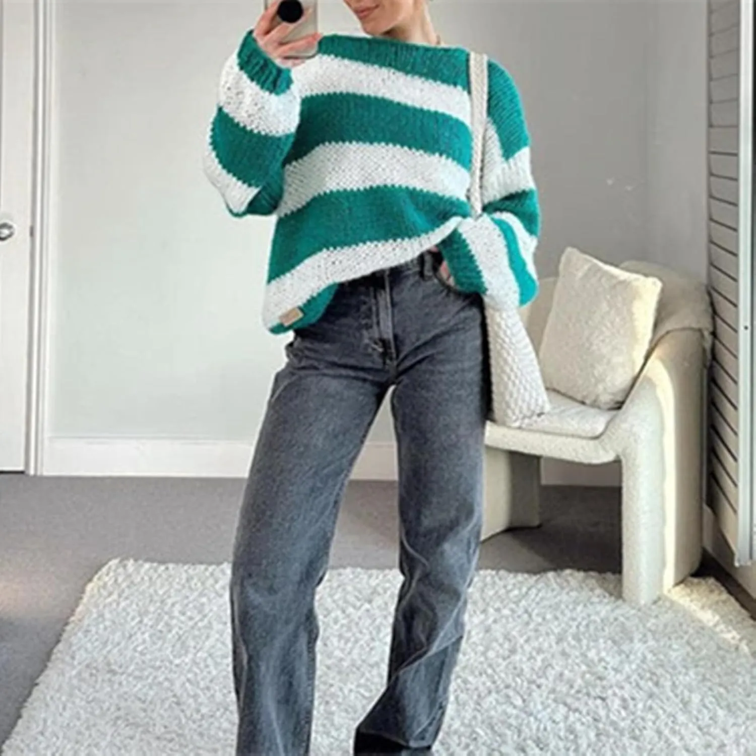 Women's Knit Striped Sweater Oversized Color Clock Long Sleeve Crewneck Pullover Jumpers Cute Trendy Sweater