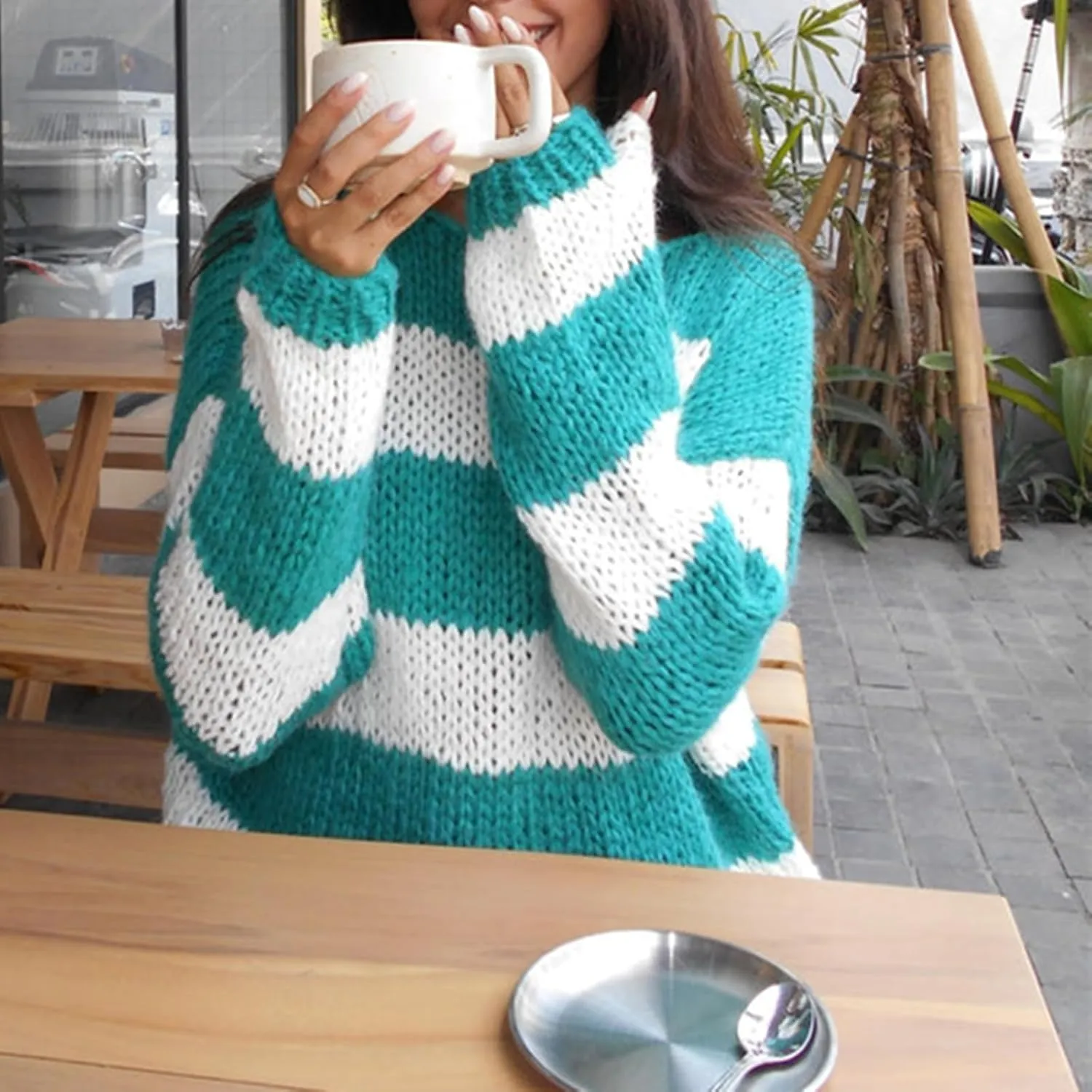 Women's Knit Striped Sweater Oversized Color Clock Long Sleeve Crewneck Pullover Jumpers Cute Trendy Sweater