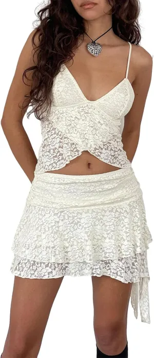 Women's Lace Half Slip Skirt Flowy Ruffle Pleated Mini Skirts Mesh Floral Tutu Y2k Boho Fairy Layered Short Skirts