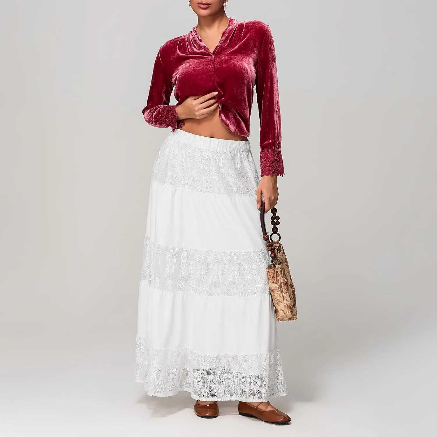 Women's Lace Long Skirts Elastic Waist A-line Ruffle Lace Tiered Spring Ankle Length Casual Cute Beach Skirts
