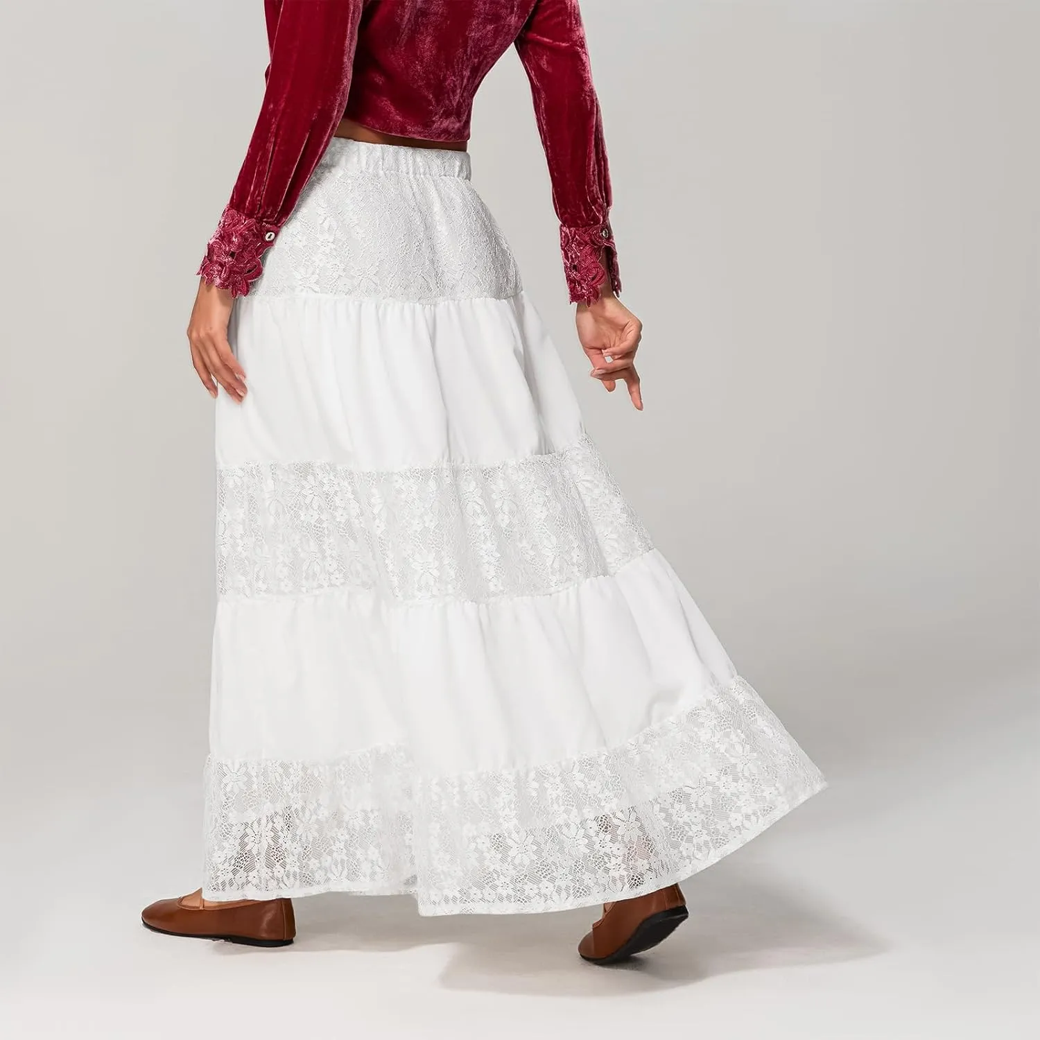 Women's Lace Long Skirts Elastic Waist A-line Ruffle Lace Tiered Spring Ankle Length Casual Cute Beach Skirts
