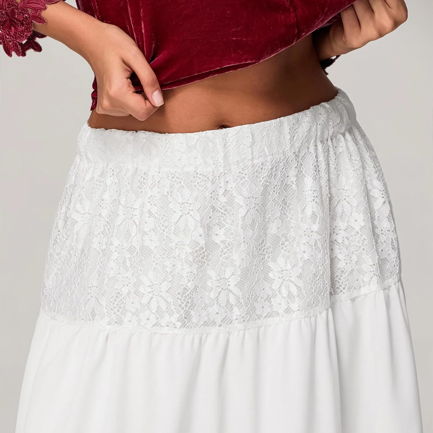 Women's Lace Long Skirts Elastic Waist A-line Ruffle Lace Tiered Spring Ankle Length Casual Cute Beach Skirts