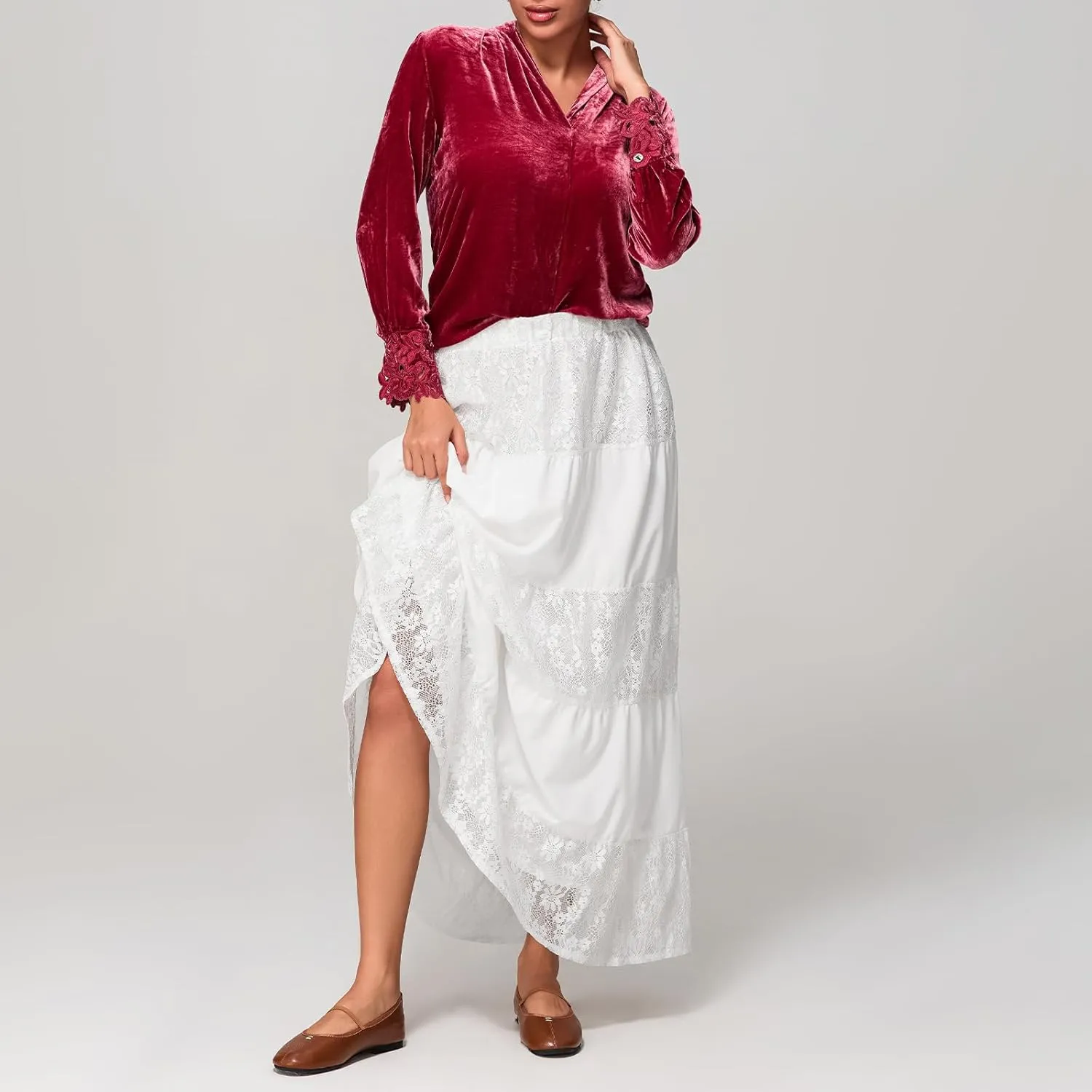 Women's Lace Long Skirts Elastic Waist A-line Ruffle Lace Tiered Spring Ankle Length Casual Cute Beach Skirts