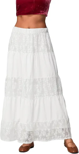 Women's Lace Long Skirts Elastic Waist A-line Ruffle Lace Tiered Spring Ankle Length Casual Cute Beach Skirts