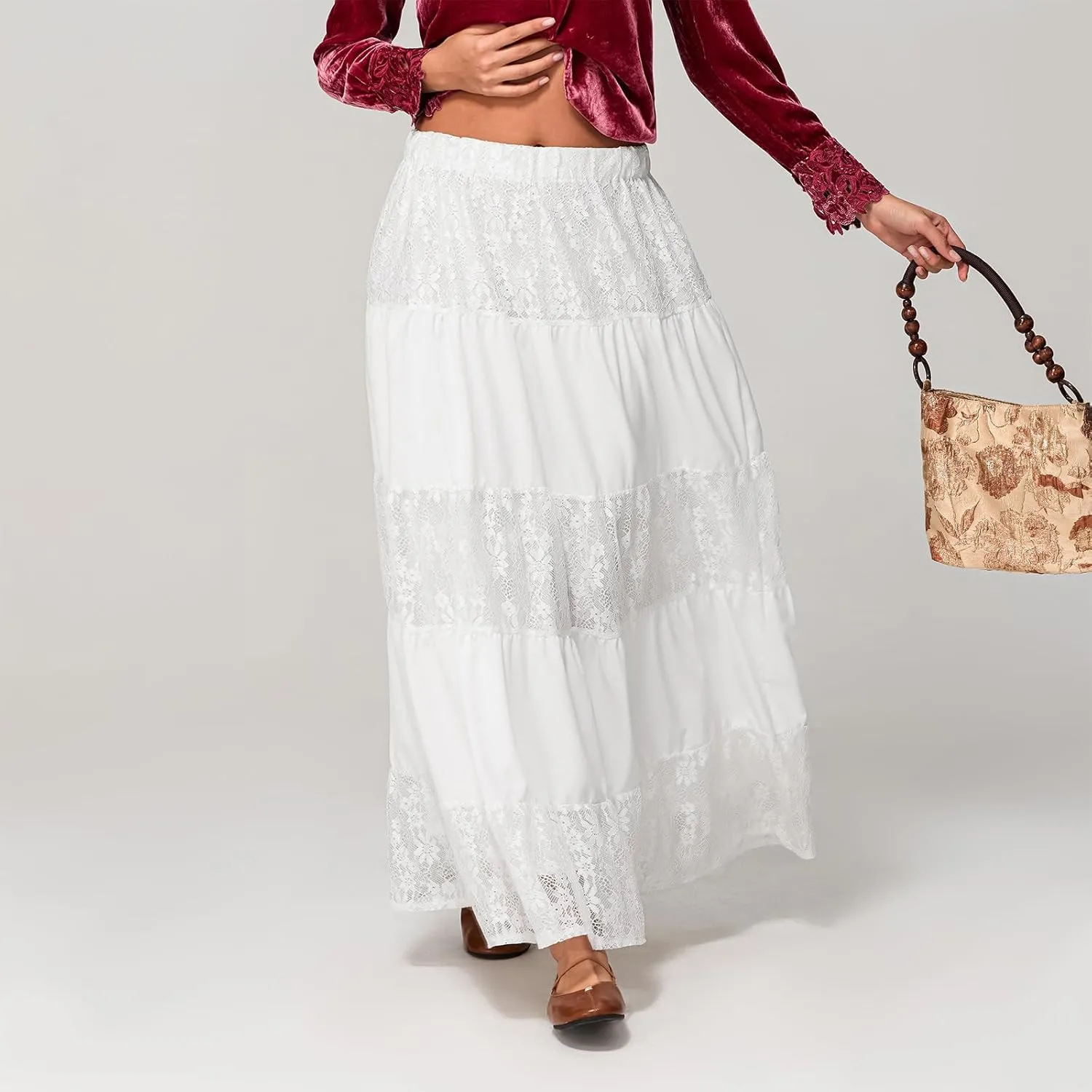 Women's Lace Long Skirts Elastic Waist A-line Ruffle Lace Tiered Spring Ankle Length Casual Cute Beach Skirts