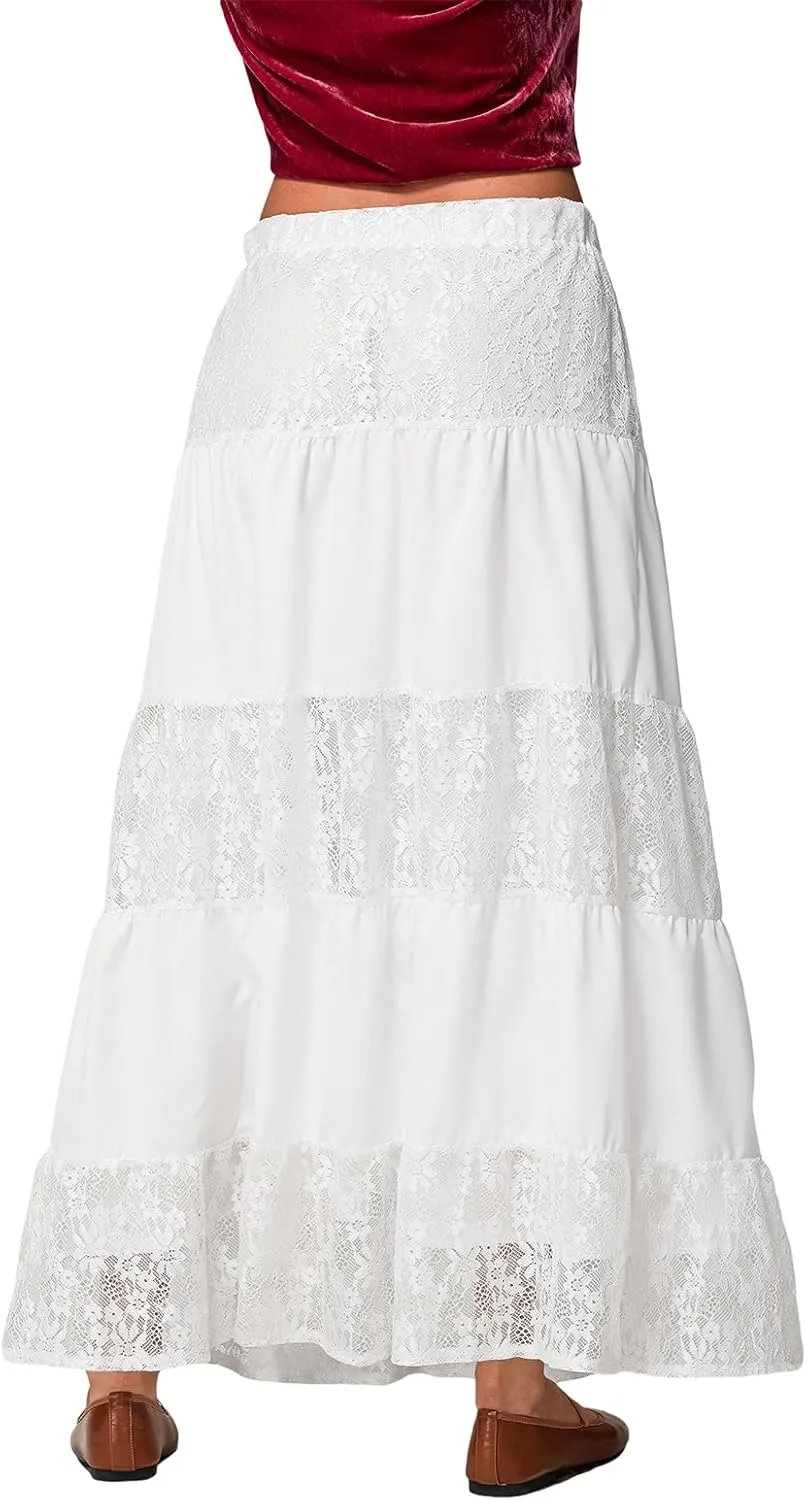 Women's Lace Long Skirts Elastic Waist A-line Ruffle Lace Tiered Spring Ankle Length Casual Cute Beach Skirts