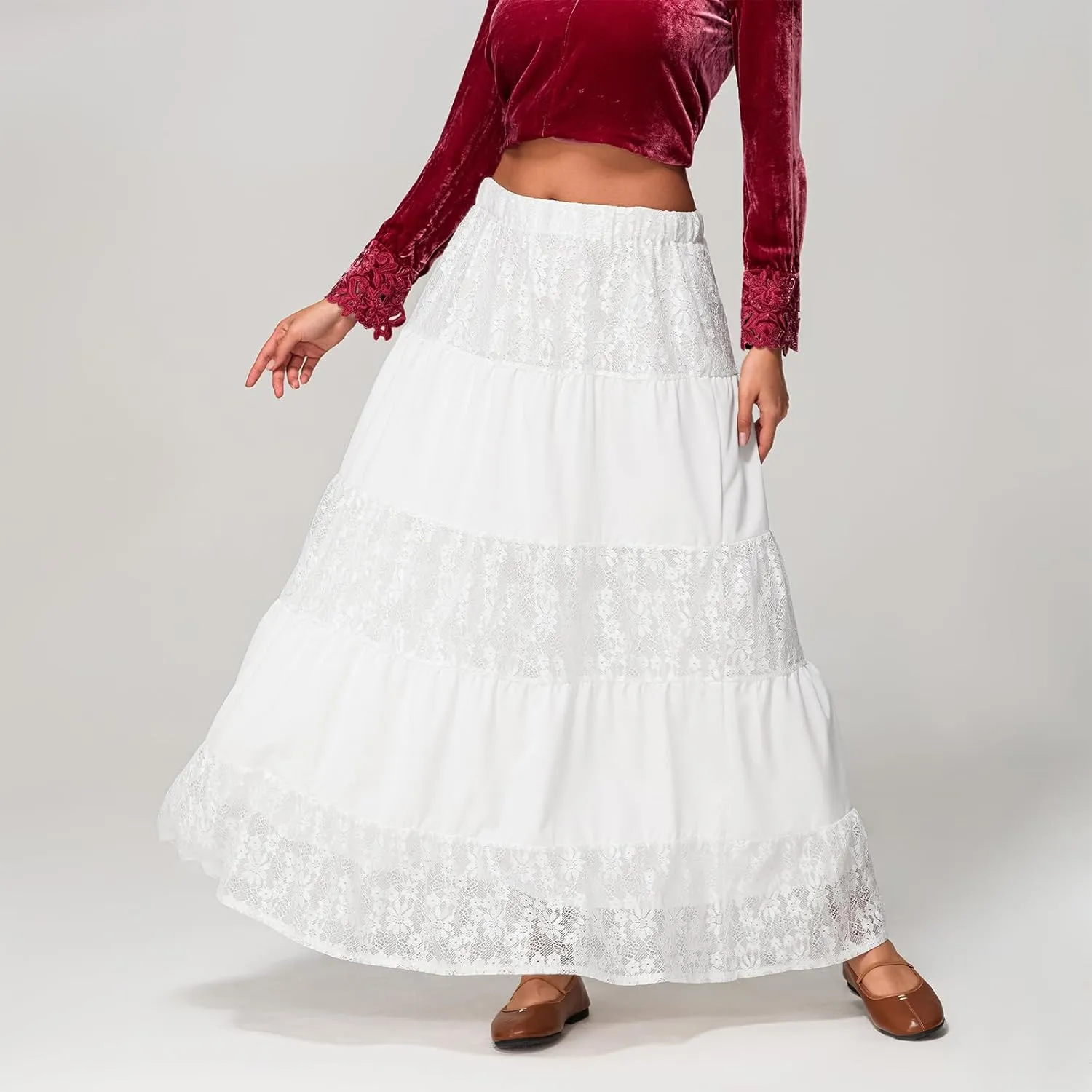 Women's Lace Long Skirts Elastic Waist A-line Ruffle Lace Tiered Spring Ankle Length Casual Cute Beach Skirts