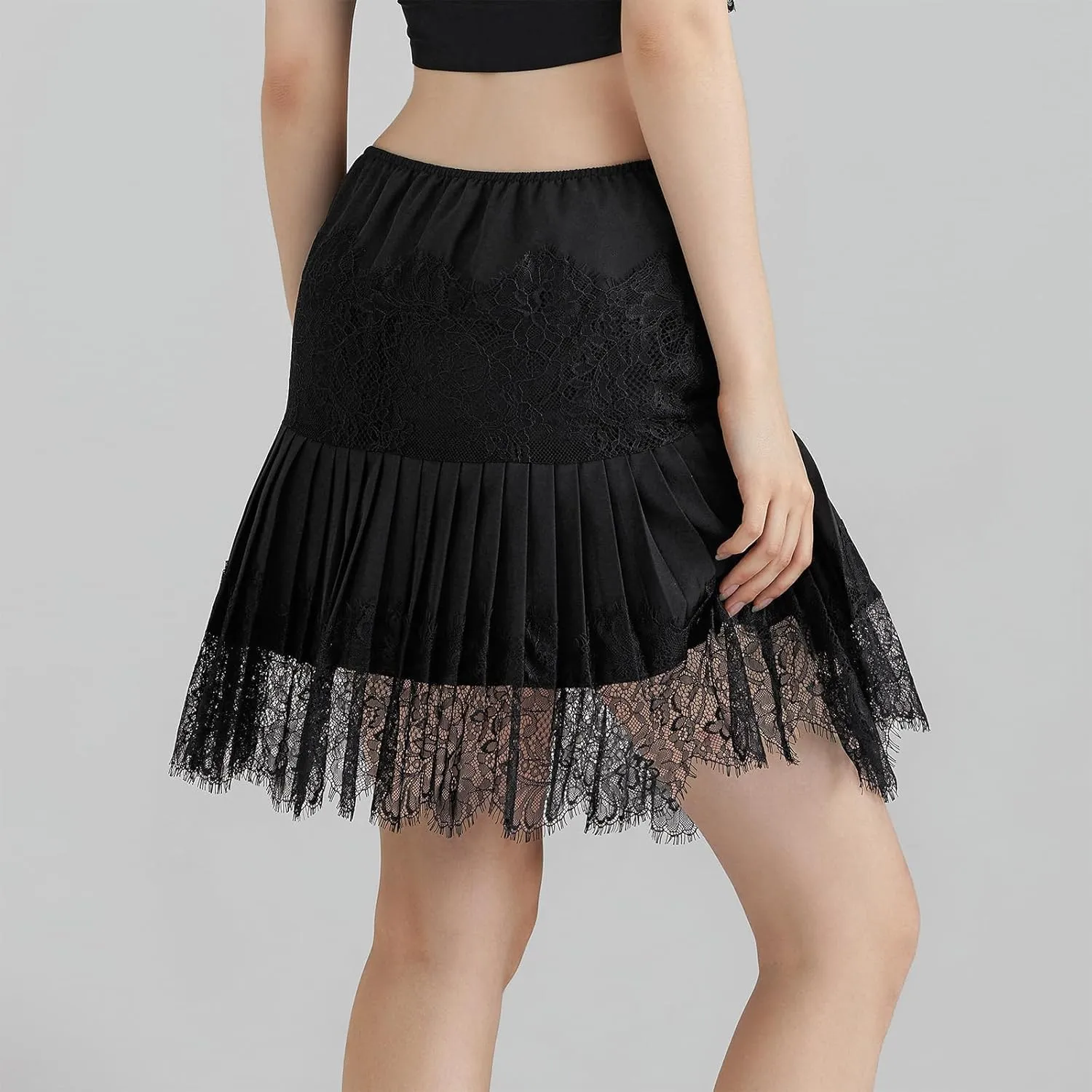 Women's Lace Mini Skirt Y2k Low Rise Pleated Ruffle Half Slip Skirt Layered Flowy Short Skirt Streetwear