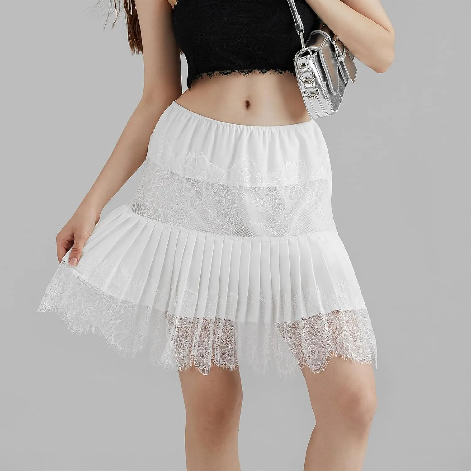 Women's Lace Mini Skirt Y2k Low Rise Pleated Ruffle Half Slip Skirt Layered Flowy Short Skirt Streetwear