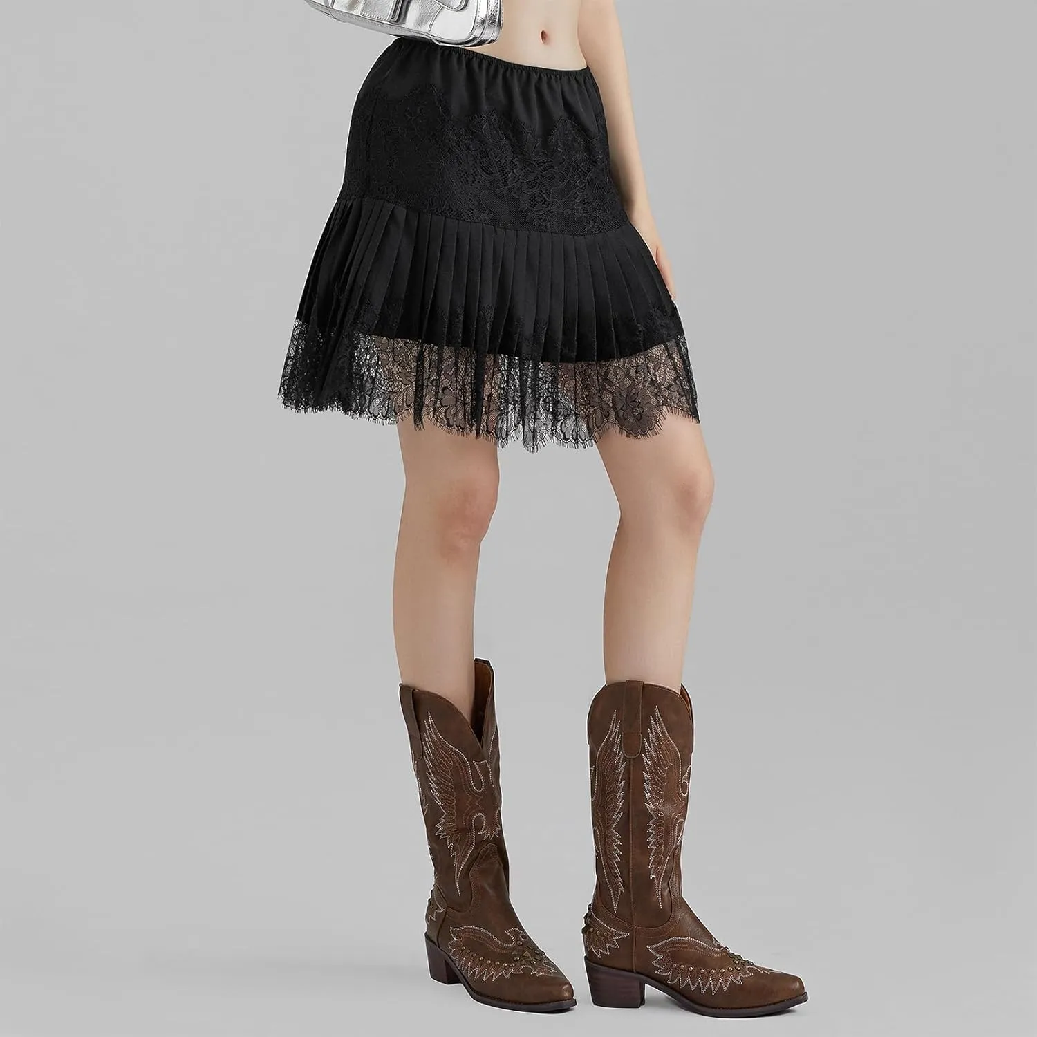 Women's Lace Mini Skirt Y2k Low Rise Pleated Ruffle Half Slip Skirt Layered Flowy Short Skirt Streetwear