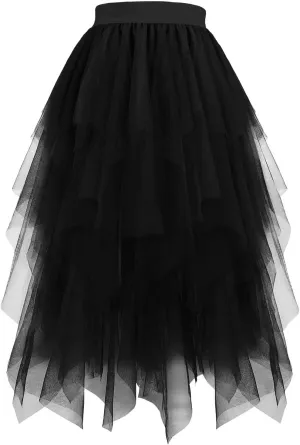 Women's Layered Tulle Skirt High Low Irregular Hem Midi Length Tutu Skirts Elastic Waist Prom Party Fairy Skirt