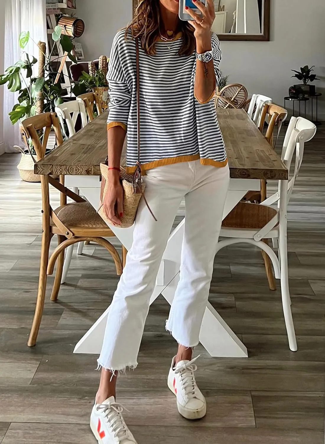 Womens Lightweight Cotton Sweaters Long Sleeve Crew Neck Color Block Striped Casual Knitted Pullover Tops