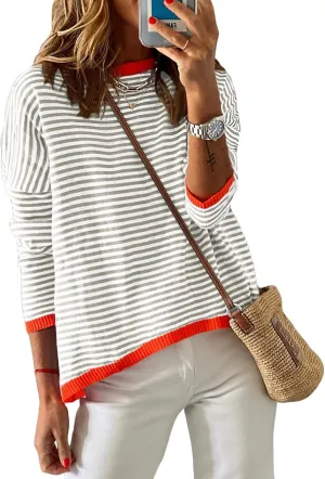 Womens Lightweight Cotton Sweaters Long Sleeve Crew Neck Color Block Striped Casual Knitted Pullover Tops