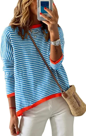 Womens Lightweight Cotton Sweaters Long Sleeve Crew Neck Color Block Striped Casual Knitted Pullover Tops