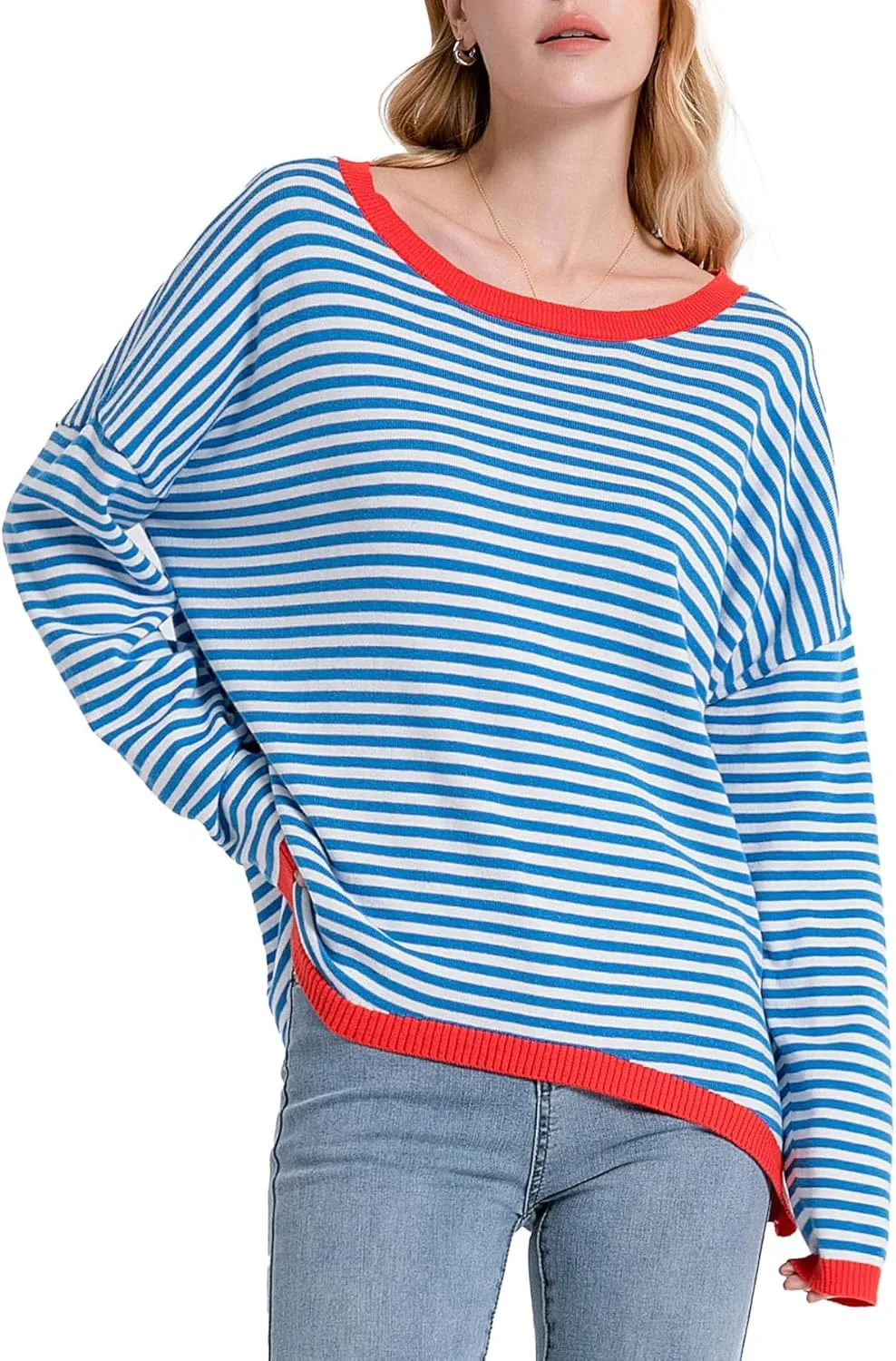 Womens Lightweight Cotton Sweaters Long Sleeve Crew Neck Color Block Striped Casual Knitted Pullover Tops