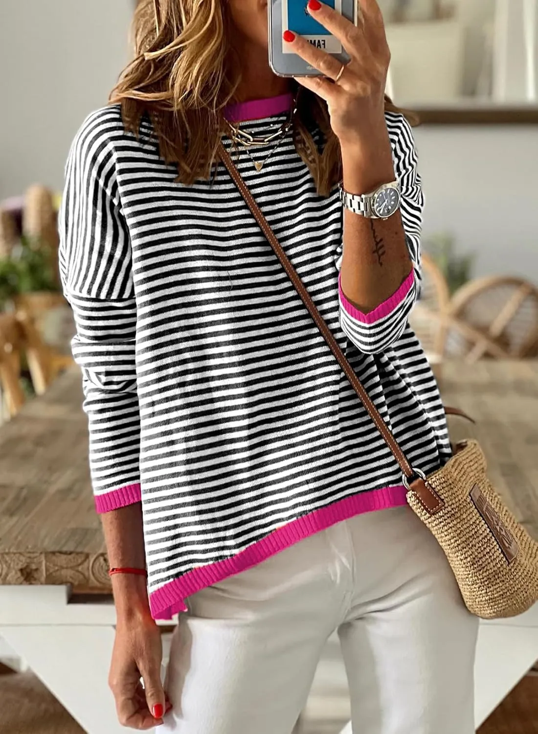 Womens Lightweight Cotton Sweaters Long Sleeve Crew Neck Color Block Striped Casual Knitted Pullover Tops