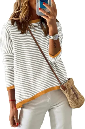 Womens Lightweight Cotton Sweaters Long Sleeve Crew Neck Color Block Striped Casual Knitted Pullover Tops