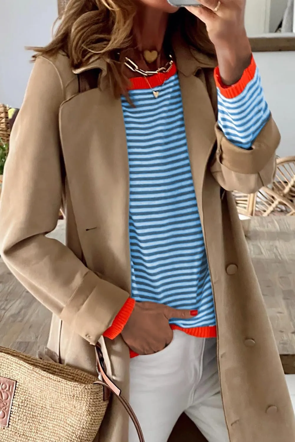 Womens Lightweight Cotton Sweaters Long Sleeve Crew Neck Color Block Striped Casual Knitted Pullover Tops
