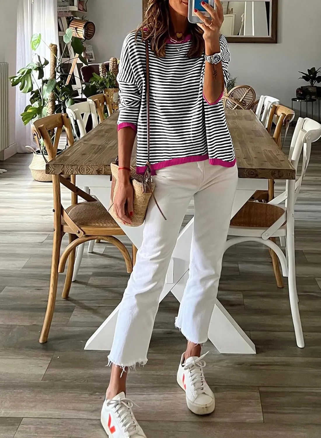 Womens Lightweight Cotton Sweaters Long Sleeve Crew Neck Color Block Striped Casual Knitted Pullover Tops