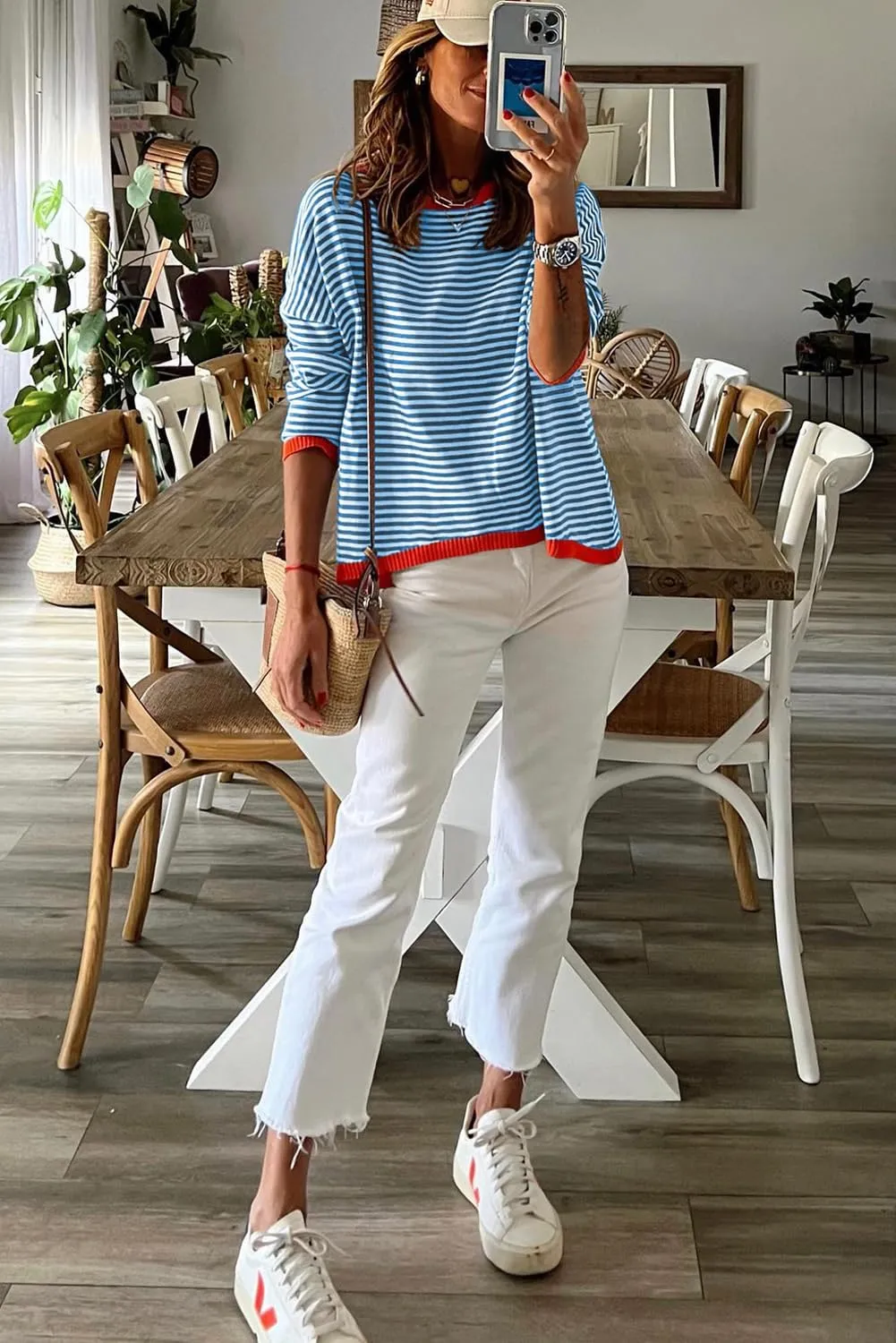 Womens Lightweight Cotton Sweaters Long Sleeve Crew Neck Color Block Striped Casual Knitted Pullover Tops