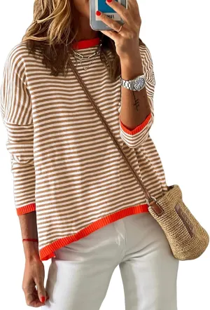 Womens Lightweight Cotton Sweaters Long Sleeve Crew Neck Color Block Striped Casual Knitted Pullover Tops