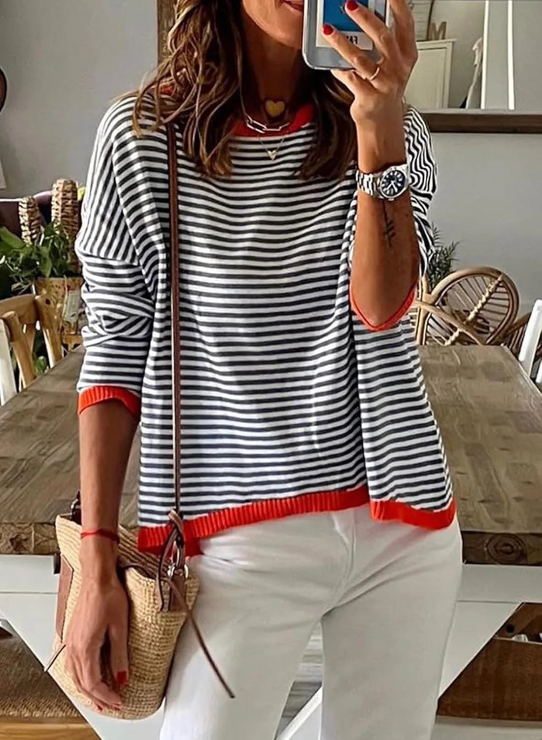 Womens Lightweight Cotton Sweaters Long Sleeve Crew Neck Color Block Striped Casual Knitted Pullover Tops