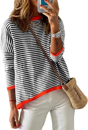 Womens Lightweight Cotton Sweaters Long Sleeve Crew Neck Color Block Striped Casual Knitted Pullover Tops
