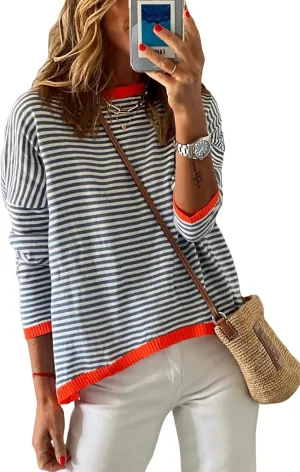 Womens Lightweight Cotton Sweaters Long Sleeve Crew Neck Color Block Striped Casual Knitted Pullover Tops
