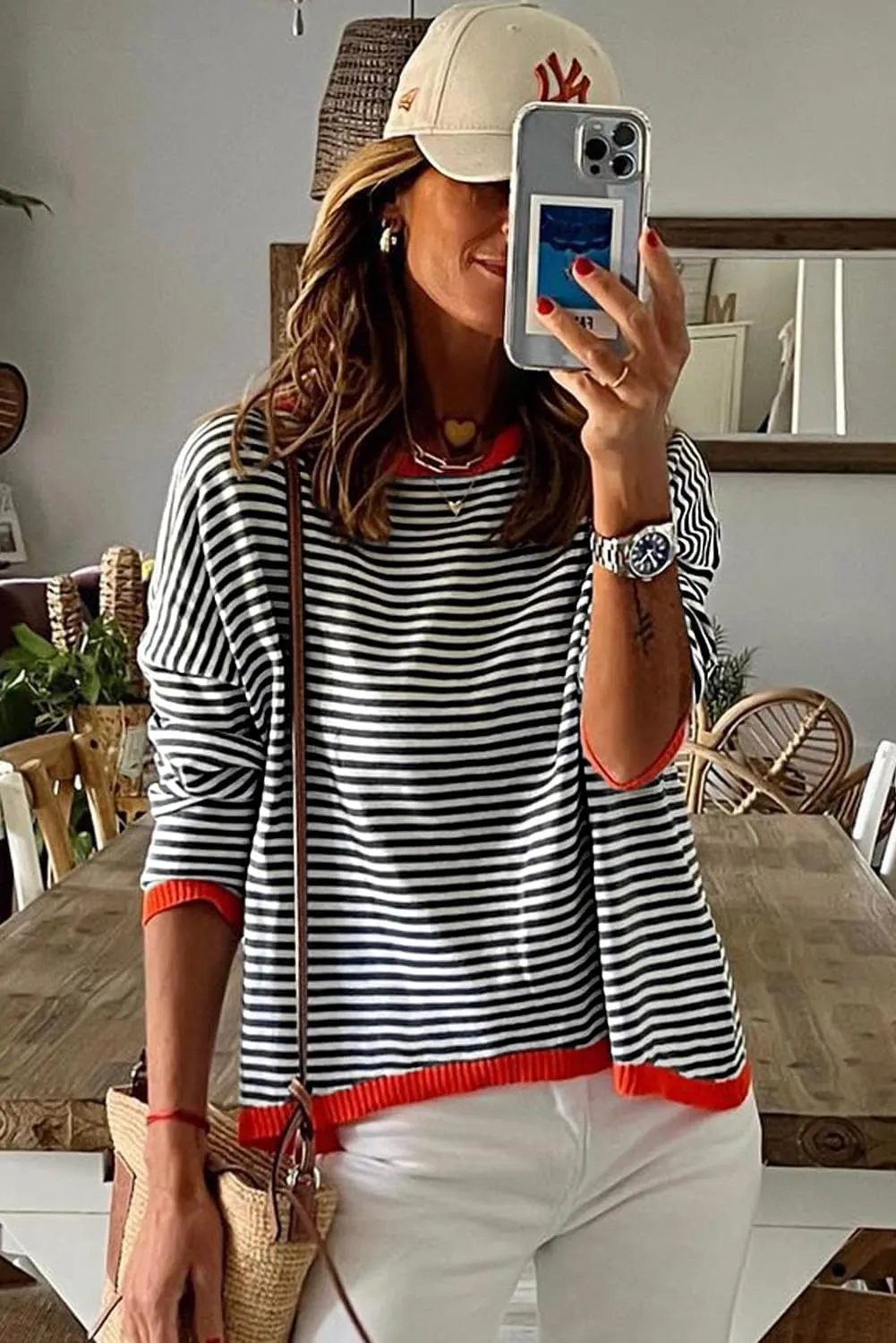 Womens Lightweight Cotton Sweaters Long Sleeve Crew Neck Color Block Striped Casual Knitted Pullover Tops