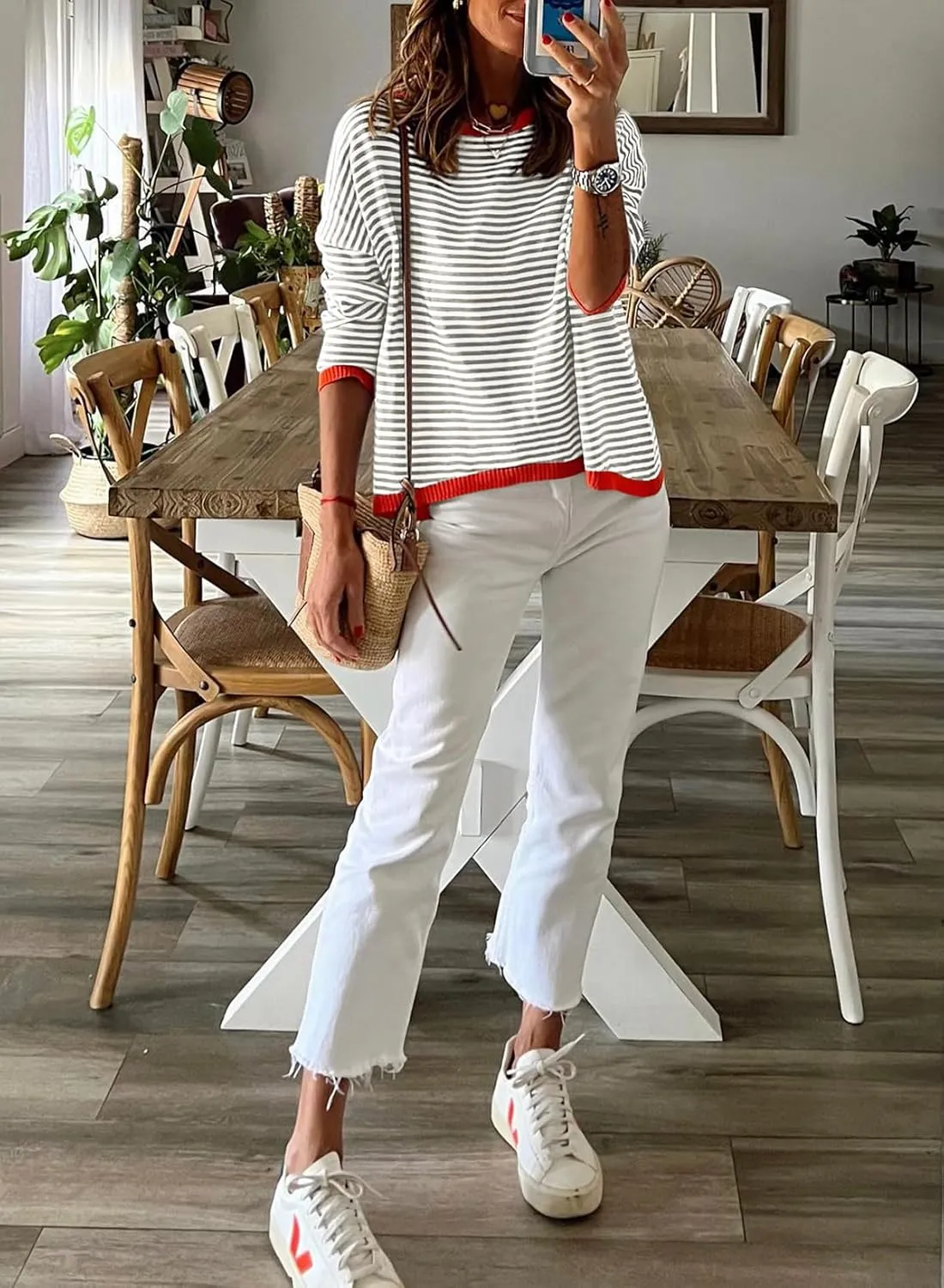 Womens Lightweight Cotton Sweaters Long Sleeve Crew Neck Color Block Striped Casual Knitted Pullover Tops