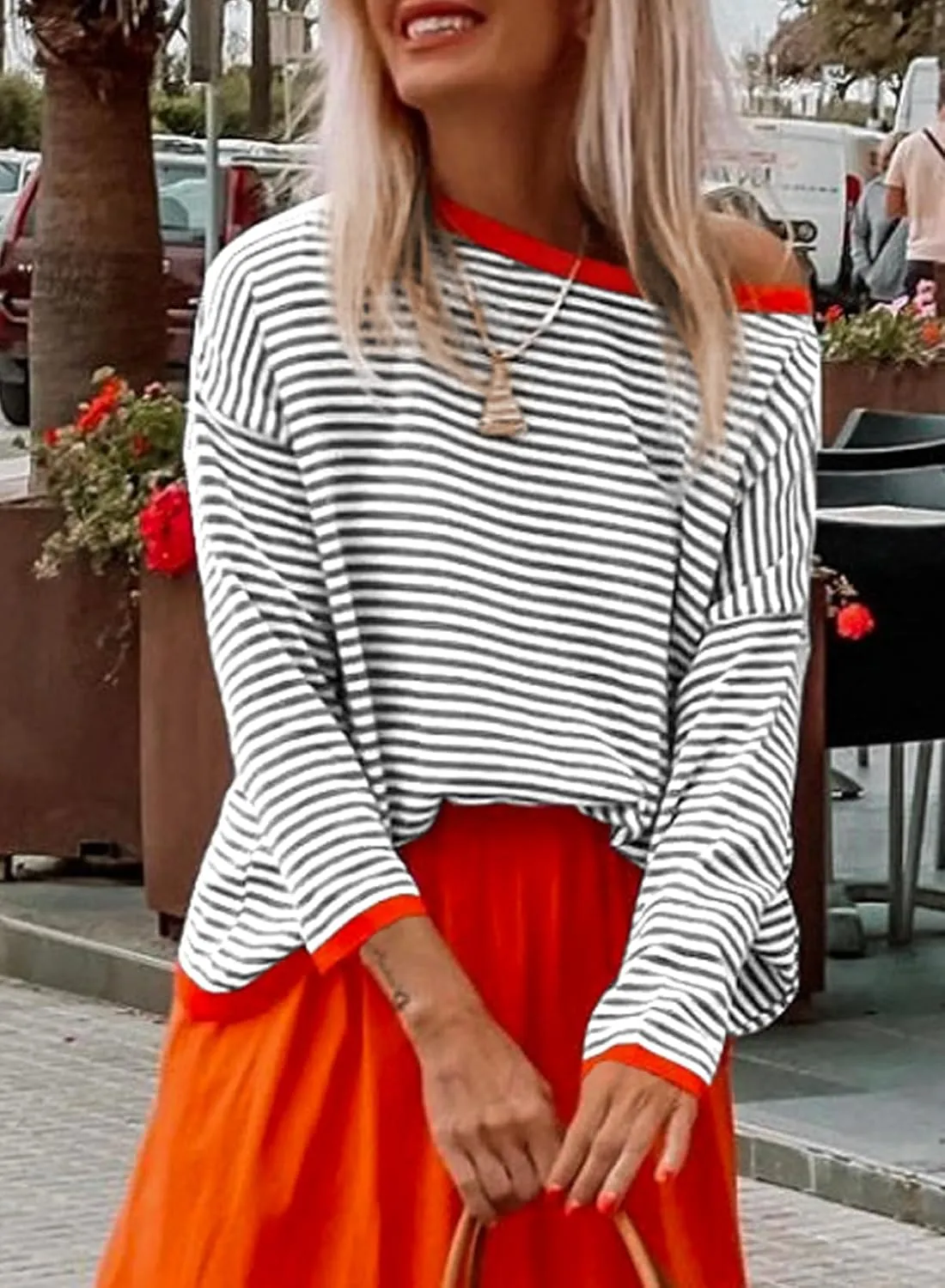 Womens Lightweight Cotton Sweaters Long Sleeve Crew Neck Color Block Striped Casual Knitted Pullover Tops