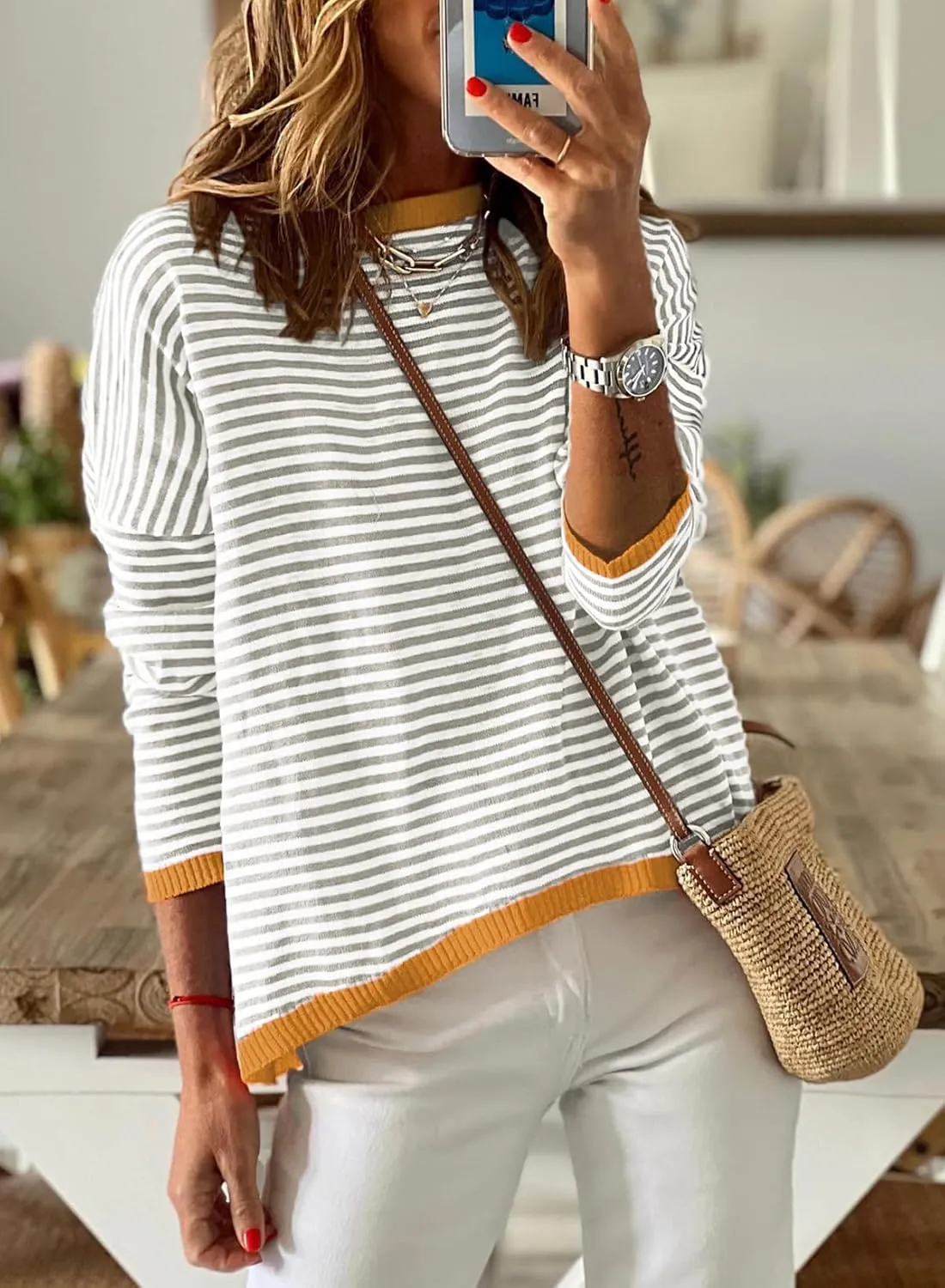 Womens Lightweight Cotton Sweaters Long Sleeve Crew Neck Color Block Striped Casual Knitted Pullover Tops
