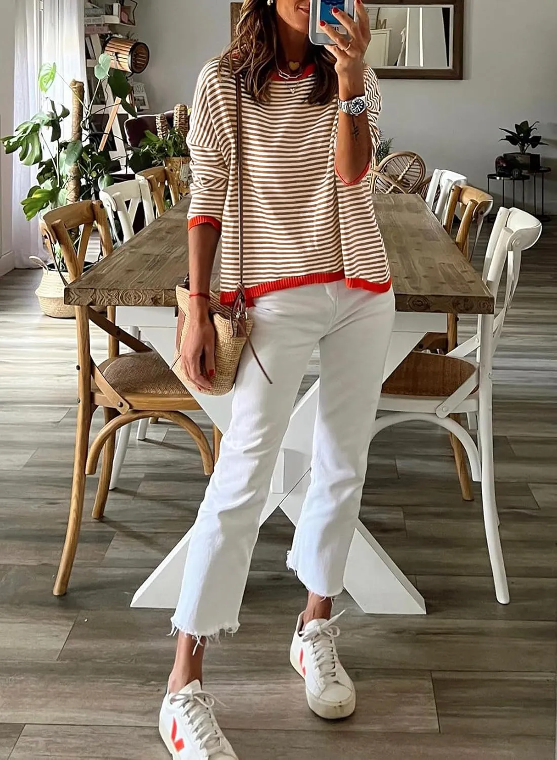 Womens Lightweight Cotton Sweaters Long Sleeve Crew Neck Color Block Striped Casual Knitted Pullover Tops