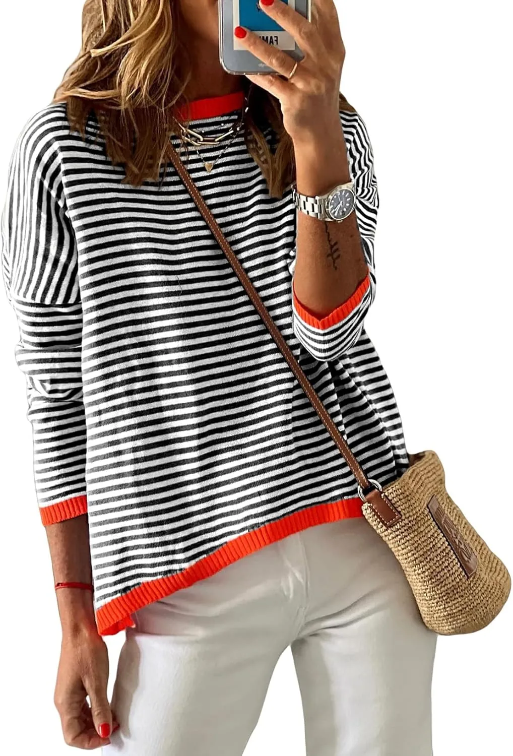 Womens Lightweight Cotton Sweaters Long Sleeve Crew Neck Color Block Striped Casual Knitted Pullover Tops