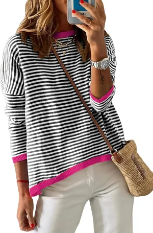 Womens Lightweight Cotton Sweaters Long Sleeve Crew Neck Color Block Striped Casual Knitted Pullover Tops