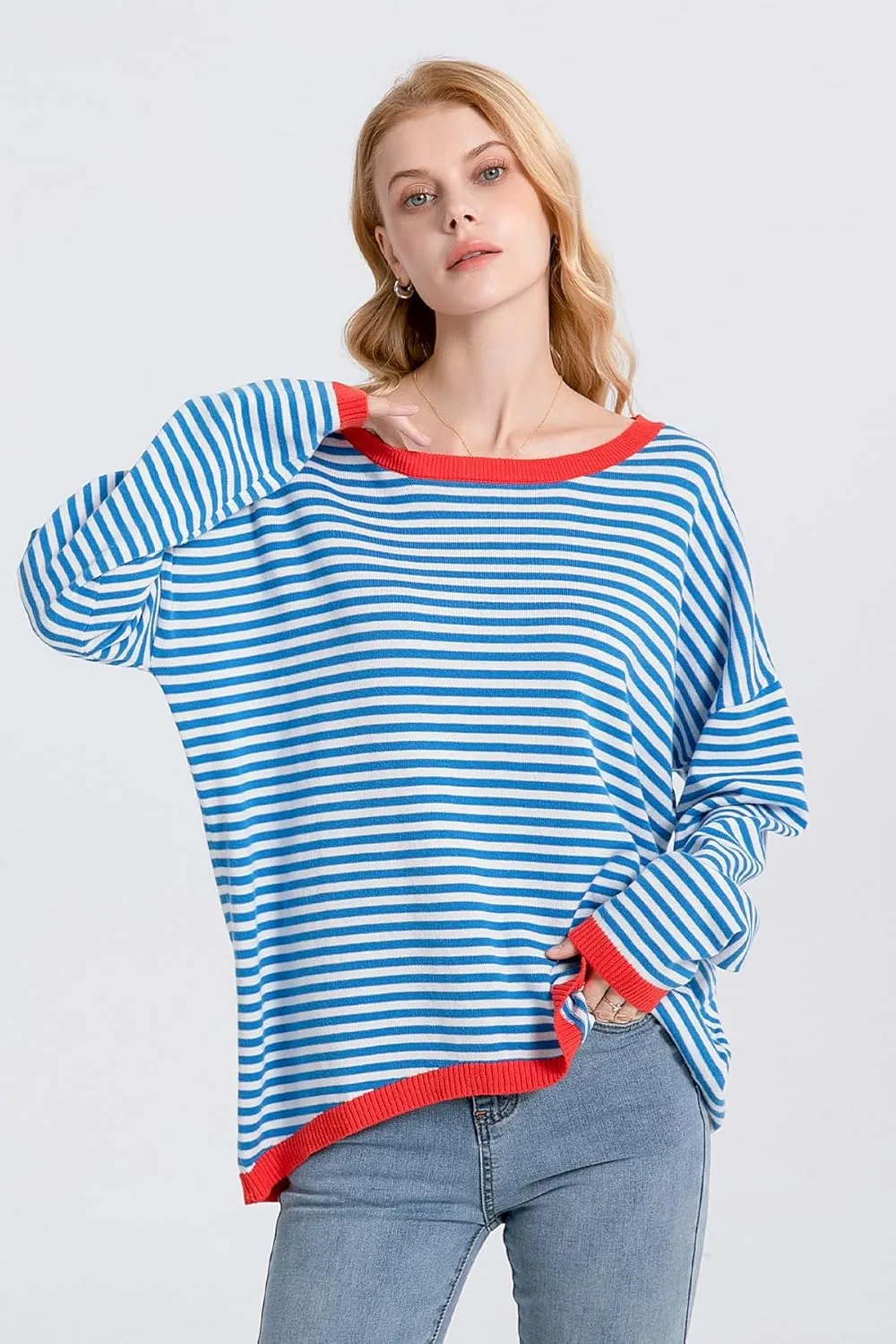 Womens Lightweight Cotton Sweaters Long Sleeve Crew Neck Color Block Striped Casual Knitted Pullover Tops
