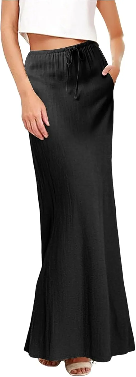 Womens Linen Maxi Skirt Elastic Waist Drawstring Flared Long Ankle-Length Dress Cute Vacation Boho Long Flowy Skirts