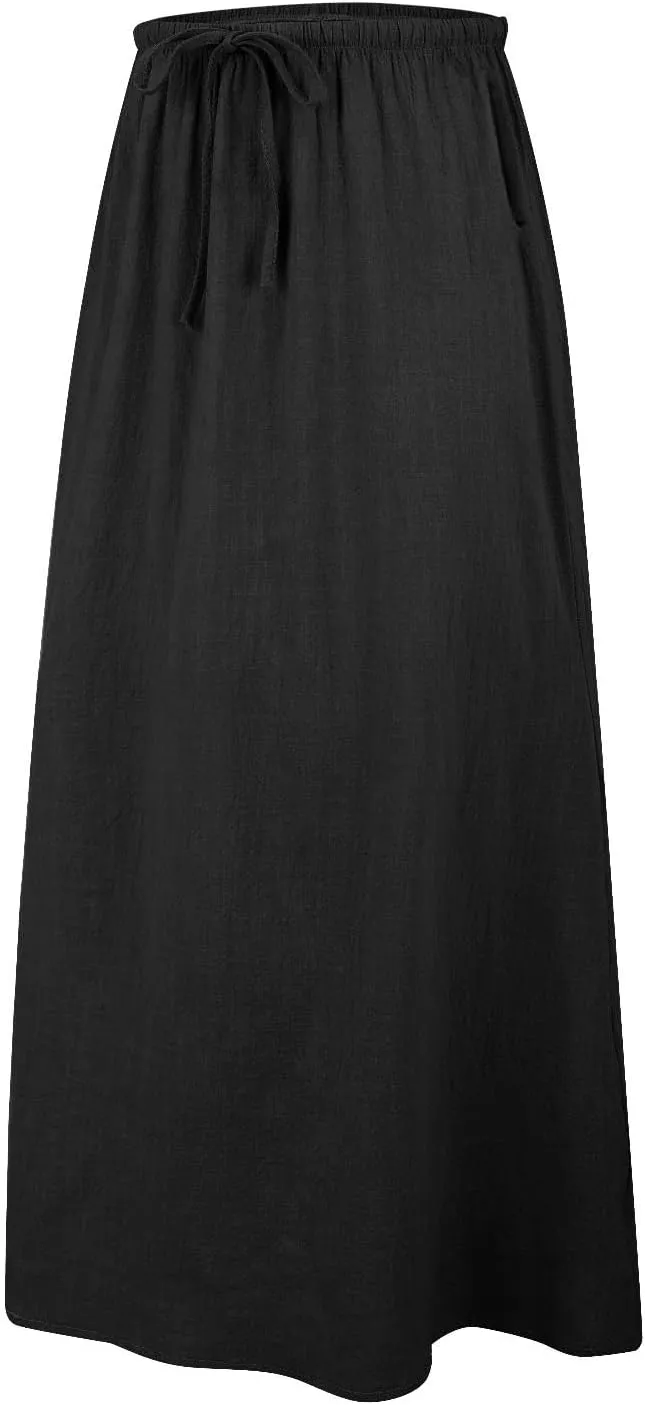 Womens Linen Maxi Skirt Elastic Waist Drawstring Flared Long Ankle-Length Dress Cute Vacation Boho Long Flowy Skirts