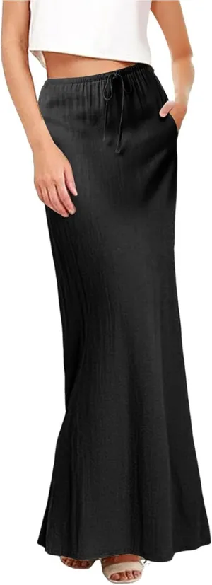 Womens Linen Maxi Skirt Elastic Waist Drawstring Flared Long Ankle-Length Dress Cute Vacation Boho Long Flowy Skirts