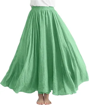 Womens Linen Maxi Skirts Summer Boho Solid Beach Elastic High Waist Pleated A-Line Flowy Swing Long Maxi Skirts