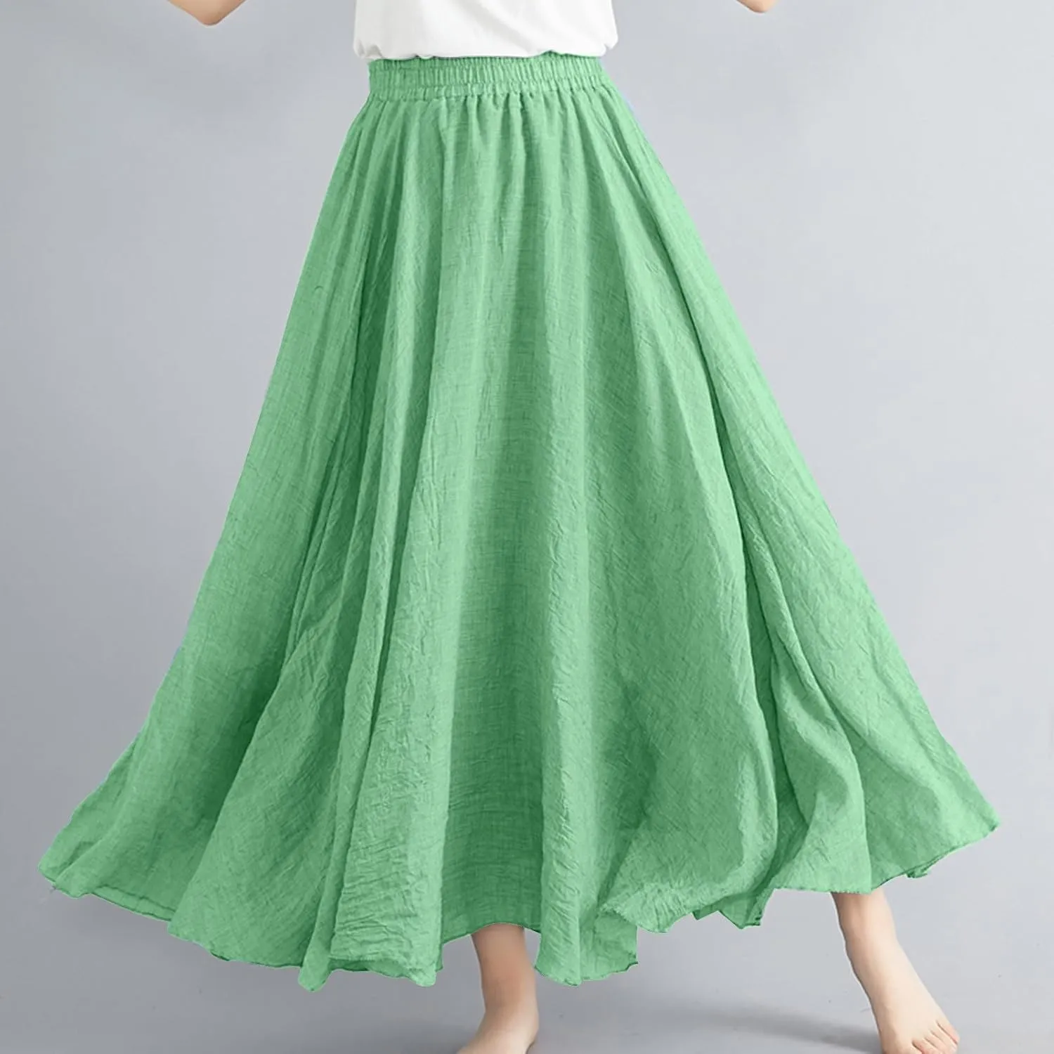Womens Linen Maxi Skirts Summer Boho Solid Beach Elastic High Waist Pleated A-Line Flowy Swing Long Maxi Skirts