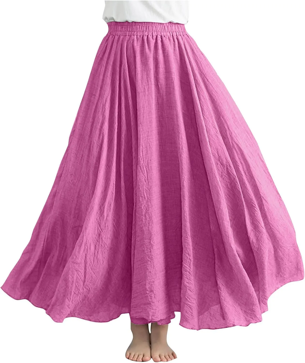 Womens Linen Maxi Skirts Summer Boho Solid Beach Elastic High Waist Pleated A-Line Flowy Swing Long Maxi Skirts