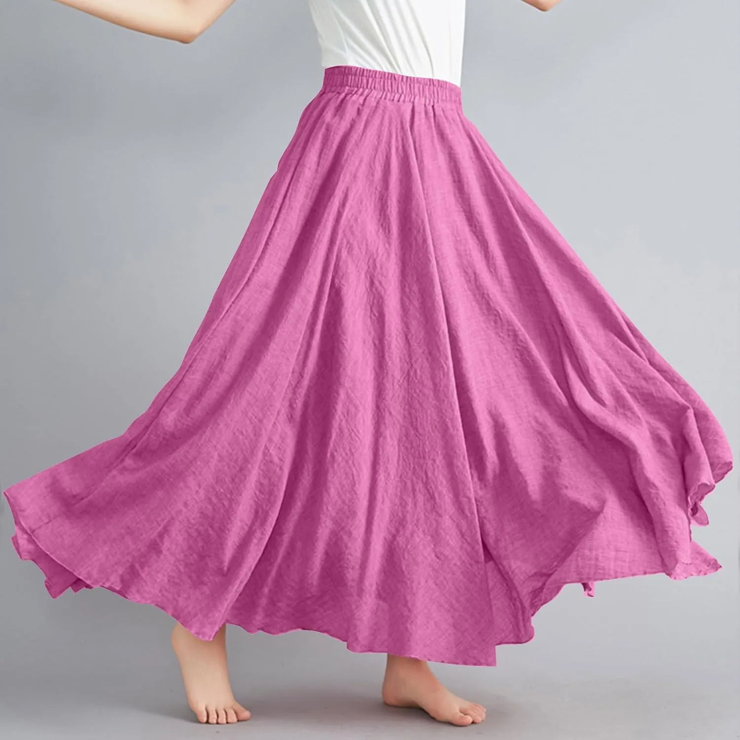 Womens Linen Maxi Skirts Summer Boho Solid Beach Elastic High Waist Pleated A-Line Flowy Swing Long Maxi Skirts