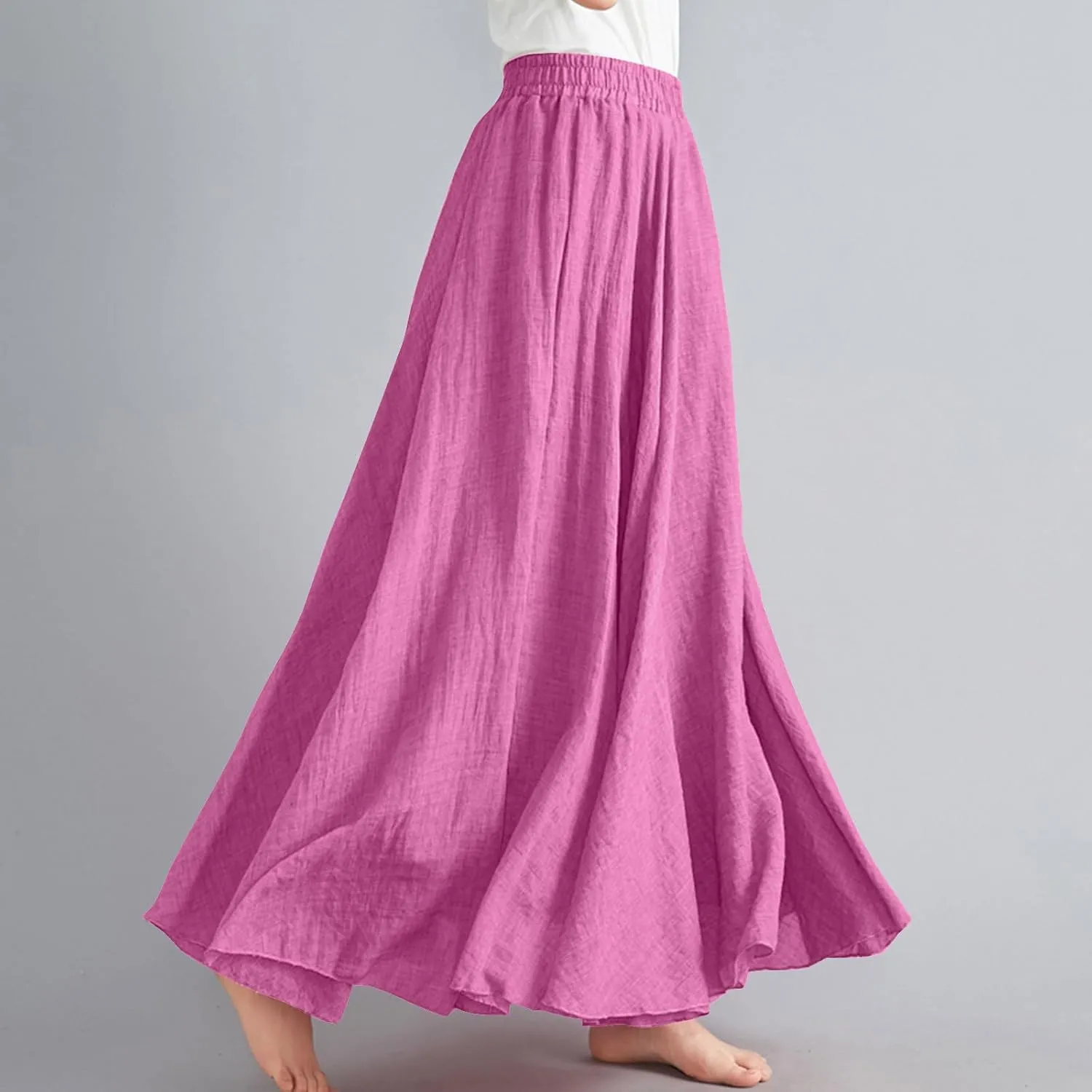 Womens Linen Maxi Skirts Summer Boho Solid Beach Elastic High Waist Pleated A-Line Flowy Swing Long Maxi Skirts