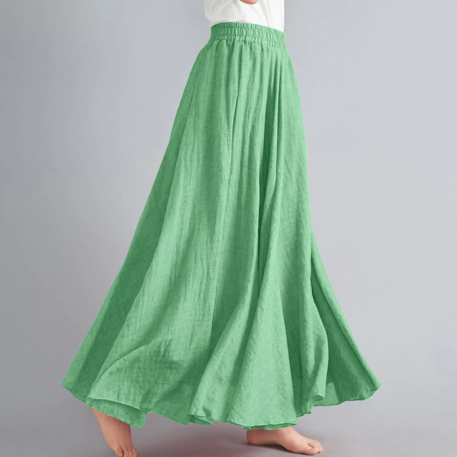 Womens Linen Maxi Skirts Summer Boho Solid Beach Elastic High Waist Pleated A-Line Flowy Swing Long Maxi Skirts