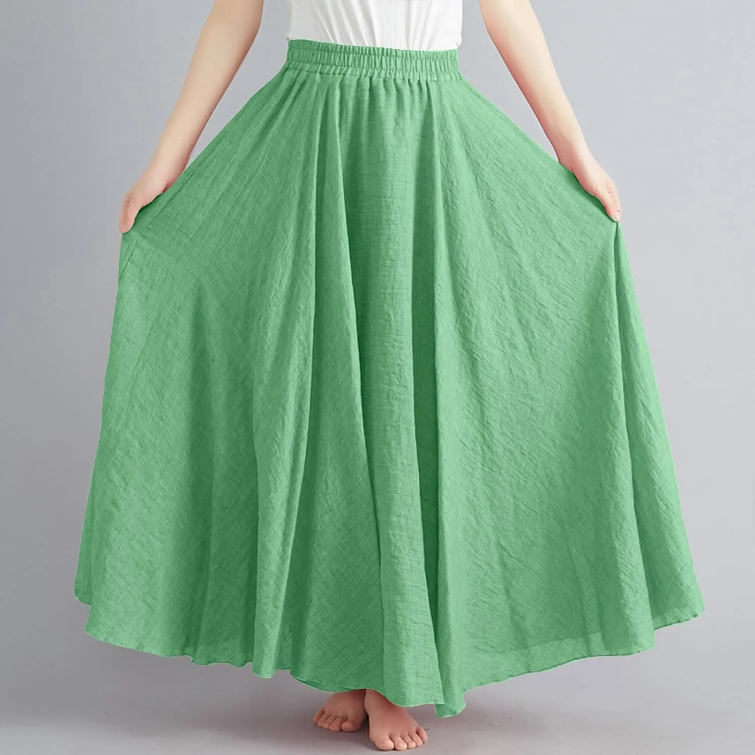 Womens Linen Maxi Skirts Summer Boho Solid Beach Elastic High Waist Pleated A-Line Flowy Swing Long Maxi Skirts