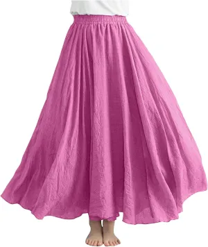 Womens Linen Maxi Skirts Summer Boho Solid Beach Elastic High Waist Pleated A-Line Flowy Swing Long Maxi Skirts