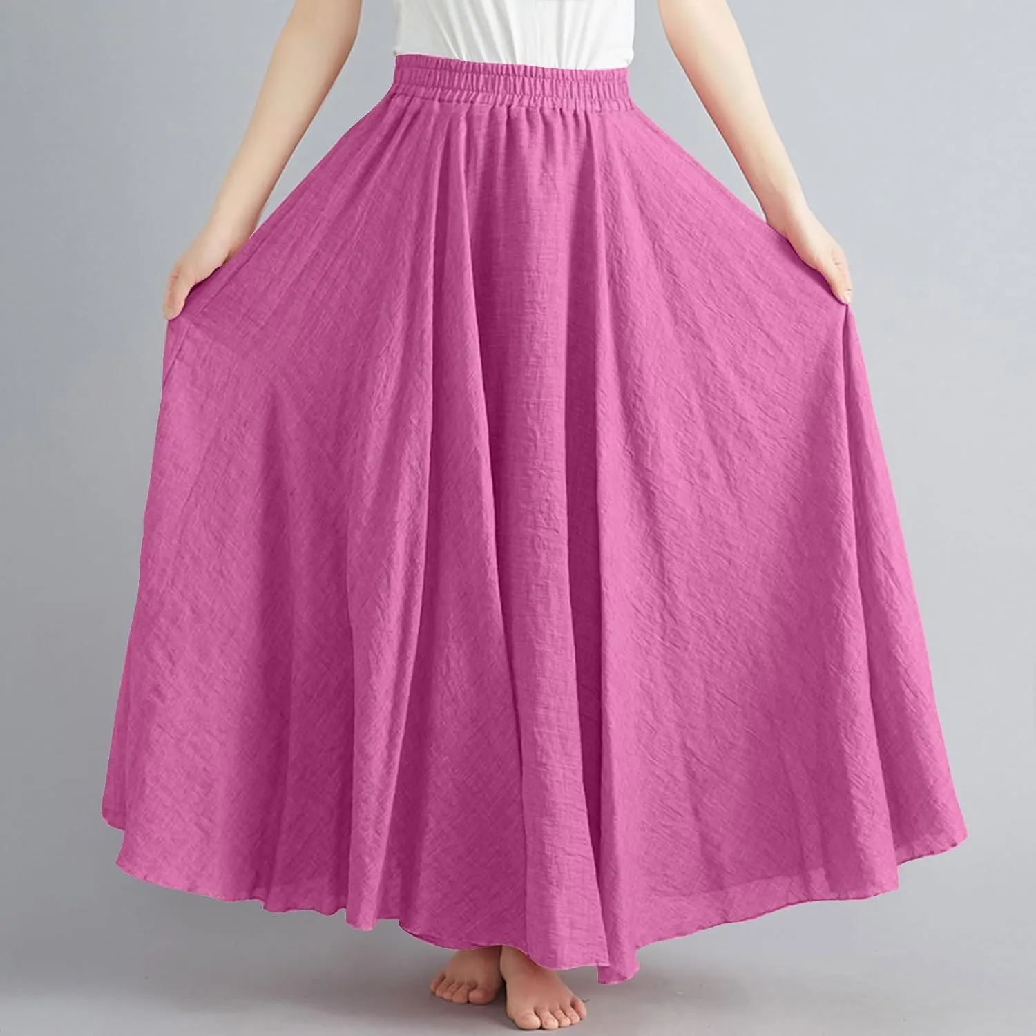 Womens Linen Maxi Skirts Summer Boho Solid Beach Elastic High Waist Pleated A-Line Flowy Swing Long Maxi Skirts