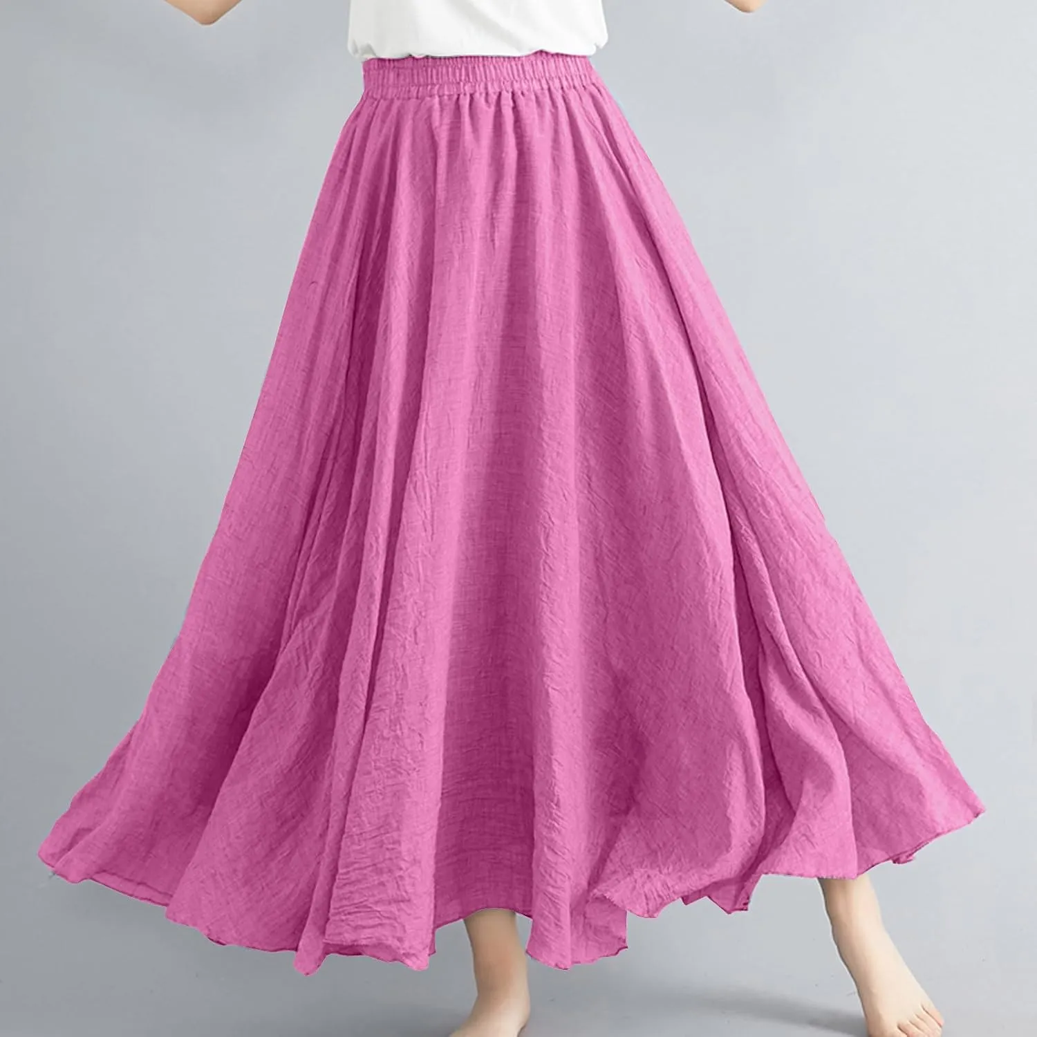 Womens Linen Maxi Skirts Summer Boho Solid Beach Elastic High Waist Pleated A-Line Flowy Swing Long Maxi Skirts